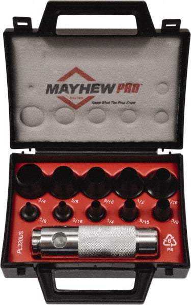 Mayhew - 11 Piece, 1/8 to 3/4", Hollow Punch Set - Round Shank, Alloy Steel, Comes in Plastic Case - Exact Tool & Supply