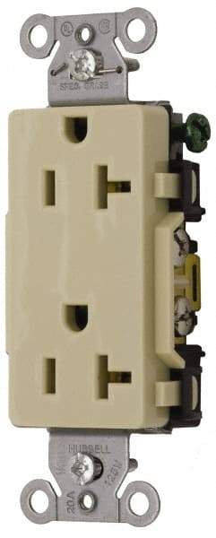 Hubbell Wiring Device-Kellems - 125 VAC, 20 Amp, 5-20R NEMA Configuration, Ivory, Specification Grade, Self Grounding Duplex Receptacle - 1 Phase, 2 Poles, 3 Wire, Flush Mount - Exact Tool & Supply