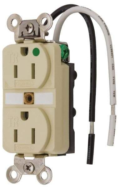 Hubbell Wiring Device-Kellems - 125 VAC, 15 Amp, 5-15R NEMA Configuration, Ivory, Hospital Grade, Self Grounding Duplex Receptacle - 1 Phase, 2 Poles, 3 Wire, Flush Mount, Chemical, Corrosion and Impact Resistant, Tamper Resistant - Exact Tool & Supply
