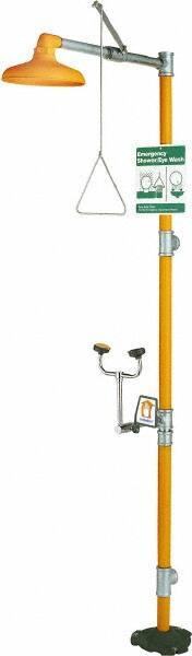 PRO-SAFE - 1-1/4" Inlet, 20 GPM shower Flow, Drench shower, Eye & Face Wash Station - No Bowl, Triangular Pull Rod & Push Flag Activated, Galvanized Steel Pipe, Plastic Shower Head, 3 GPM Bowl Flow, Corrosion Resistant, Top or Mid Supply - Exact Tool & Supply