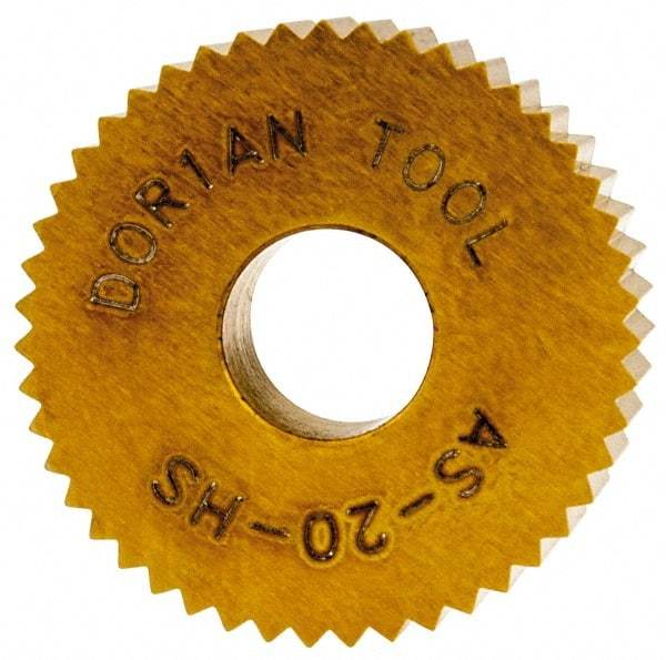 Dorian Tool - 3/4" Diam, 90° Tooth Angle, 20 TPI, Standard (Shape), Form Type High Speed Steel Straight Knurl Wheel - 3/8" Face Width, 1/4" Hole, Circular Pitch, Bright Finish, Series A - Exact Tool & Supply