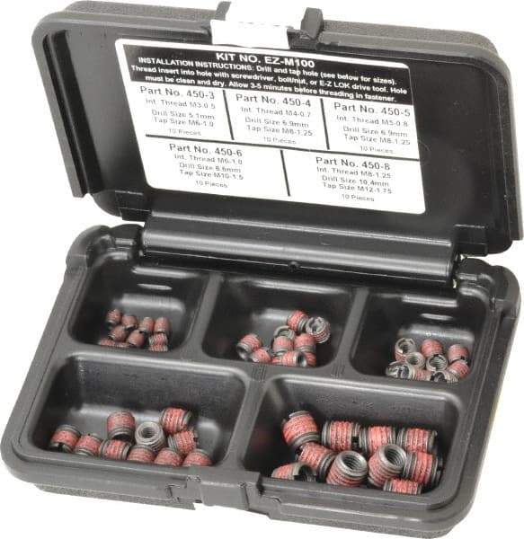 E-Z LOK - 50 Inserts, M3x0.50 - M8x1.25 Internal Thread, M3 - M8 Metric Coarse, Carbon Steel, Thread Repair Kit - Exact Tool & Supply