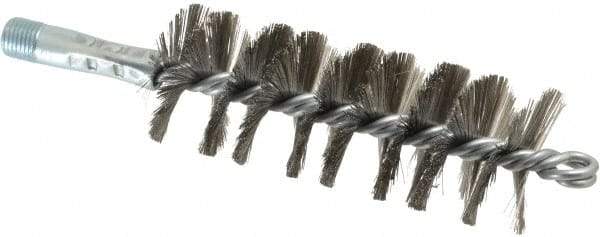 Schaefer Brush - 4-1/2" Brush Length, 1-3/4" Diam, Double Stem, Single Spiral Tube Brush - 7-1/4" Long, Stainless Steel, 1/4" NPSM Male Connection - Exact Tool & Supply