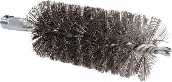 Schaefer Brush - 4-1/2" Brush Length, 2" Diam, Double Stem, Single Spiral Tube Brush - 7-1/4" Long, Stainless Steel, 1/4" NPSM Male Connection - Exact Tool & Supply