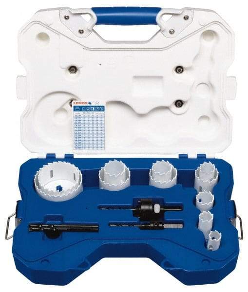 Lenox - 15 Piece, 3/4" to 3" Saw Diam, Contractor's Hole Saw Kit - Carbide-Tipped, Toothed Edge, Pilot Drill Model No. 123CT, Includes 11 Hole Saws - Exact Tool & Supply