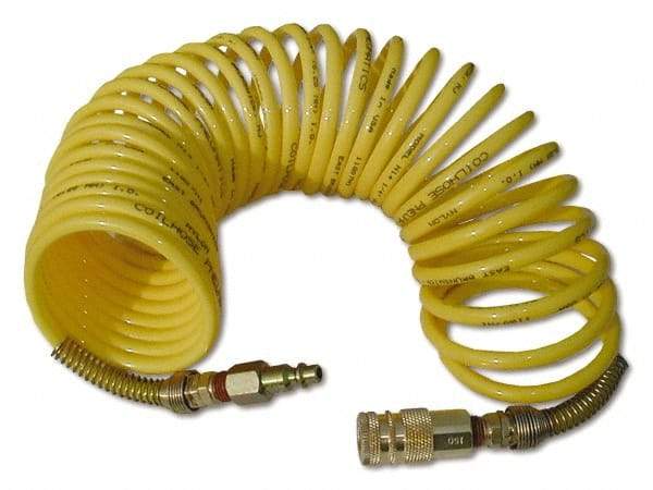 Coilhose Pneumatics - 1/2" ID, 1/2 Thread, 25' Long, Yellow Nylon Coiled & Self Storing Hose - 170 Max psi, Industrial Interchange Coupler x Male Swivel - Exact Tool & Supply
