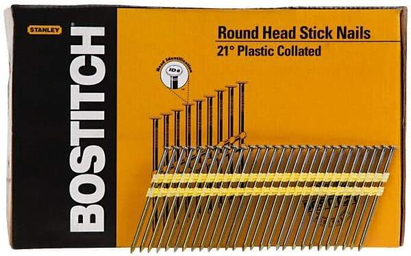 Stanley Bostitch - 0.12" Shank Diam 3-1/4" Long Framing Nails for Power Nailers - Plastic, Bright Finish, Smooth Shank, Angled Stick Plastic Collation, Round Head, Diamond Point - Exact Tool & Supply