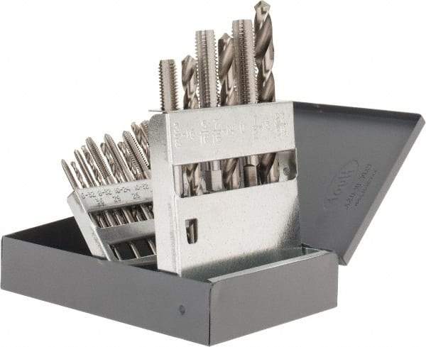 Hertel - #36, #29, #25, #21, #7 Drill, F to U Drill, #6-32 to 1/2-13 Tap, Hand Tap and Drill Set - Bright Finish High Speed Steel Drills, Bright Finish High Speed Steel Taps, Plug Chamfer, 18 Piece Set - Exact Tool & Supply