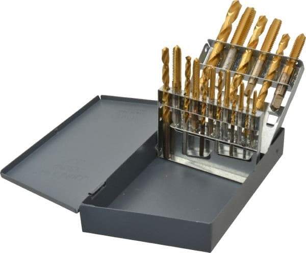 Hertel - #36, #29, #25, #21, #7 Drill, F to U Drill, #6-32 to 1/2-13 Tap, Hand Tap and Drill Set - TiN Finish High Speed Steel Drills, High Speed Steel Taps, Plug Chamfer, 18 Piece Set - Exact Tool & Supply