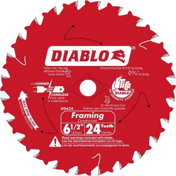 Freud - 6-1/2" Diam, 5/8" Arbor Hole Diam, 24 Tooth Wet & Dry Cut Saw Blade - Carbide-Tipped, Standard Round Arbor - Exact Tool & Supply