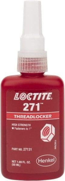 Loctite - 50 mL Bottle, Red, High Strength Liquid Threadlocker - Series 271, 24 hr Full Cure Time, Hand Tool, Heat Removal - Exact Tool & Supply