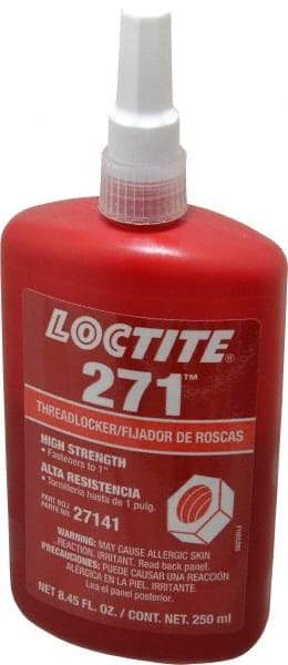 Loctite - 250 mL Bottle, Red, High Strength Liquid Threadlocker - Series 271, 24 hr Full Cure Time, Hand Tool, Heat Removal - Exact Tool & Supply