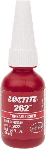 Loctite - 10 mL Bottle, Red, High Strength Liquid Threadlocker - Series 262, 24 hr Full Cure Time, Hand Tool, Heat Removal - Exact Tool & Supply