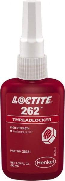 Loctite - 50 mL Bottle, Red, High Strength Liquid Threadlocker - Series 262, 24 hr Full Cure Time, Hand Tool, Heat Removal - Exact Tool & Supply