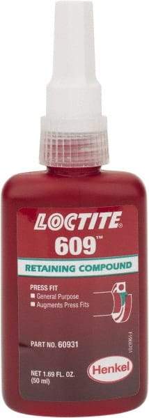 Loctite - 50 mL Bottle, Green, Medium Strength Liquid Retaining Compound - Series 609, 24 hr Full Cure Time, Heat Removal - Exact Tool & Supply