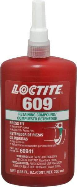 Loctite - 250 mL Bottle, Green, Medium Strength Liquid Retaining Compound - Series 609, 24 hr Full Cure Time, Heat Removal - Exact Tool & Supply