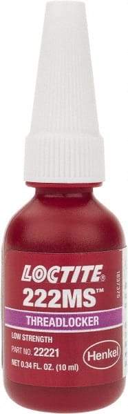 Loctite - 10 mL Bottle, Purple, Low Strength Liquid Threadlocker - Series 222MS, 24 hr Full Cure Time, Hand Tool Removal - Exact Tool & Supply