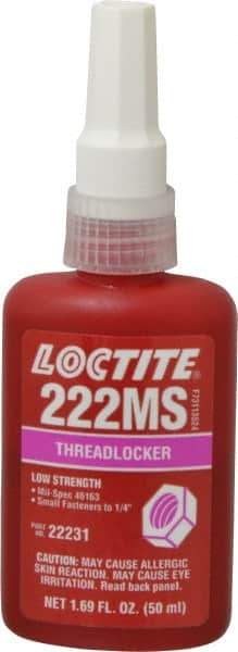 Loctite - 50 mL Bottle, Purple, Low Strength Liquid Threadlocker - Series 222MS, 24 hr Full Cure Time, Hand Tool, Heat Removal - Exact Tool & Supply
