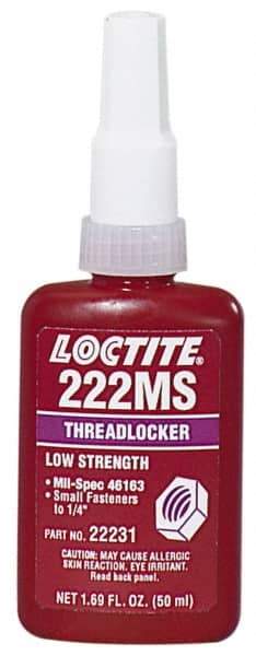 Loctite - 250 mL Bottle, Purple, Low Strength Liquid Threadlocker - Series 222MS, 24 hr Full Cure Time, Hand Tool, Heat Removal - Exact Tool & Supply