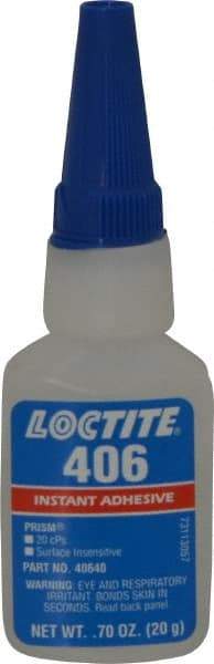 Loctite - 0.70 oz Bottle Clear Instant Adhesive - Series 406, 15 sec Fixture Time, 24 hr Full Cure Time, Bonds to Plastic & Rubber - Exact Tool & Supply