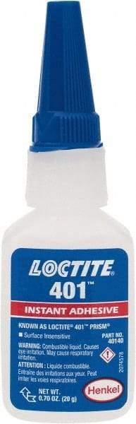 Loctite - 0.70 oz Bottle Clear Instant Adhesive - Series 401, 15 sec Fixture Time, 24 hr Full Cure Time, Bonds to Plastic & Rubber - Exact Tool & Supply