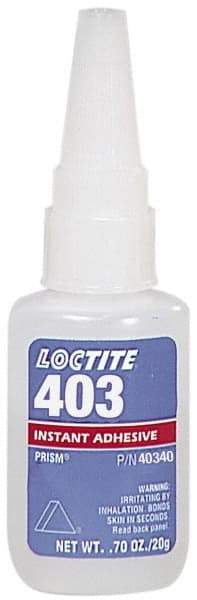 Loctite - 0.70 oz Bottle Clear Instant Adhesive - Series 403, 50 sec Fixture Time, 24 hr Full Cure Time, Bonds to Plastic & Rubber - Exact Tool & Supply
