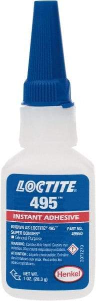 Loctite - 1 oz Bottle Clear Instant Adhesive - Series 495, 20 sec Fixture Time, 24 hr Full Cure Time, Bonds to Metal, Plastic & Rubber - Exact Tool & Supply