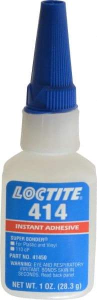 Loctite - 1 oz Bottle Clear Instant Adhesive - Series 414, 20 sec Fixture Time, 24 hr Full Cure Time, Bonds to Metal, Plastic & Rubber - Exact Tool & Supply