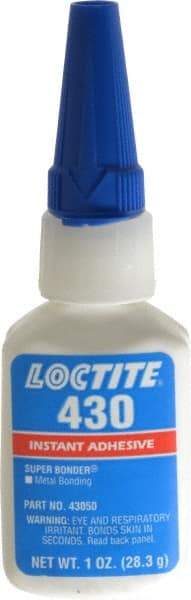 Loctite - 1 oz Bottle Clear Instant Adhesive - Series 430, 30 sec Fixture Time, 24 hr Full Cure Time, Bonds to Metal, Plastic & Rubber - Exact Tool & Supply