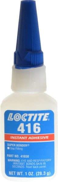 Loctite - 1 oz Bottle Clear Instant Adhesive - Series 416, 30 sec Fixture Time, 24 hr Full Cure Time, Bonds to Metal, Plastic & Rubber - Exact Tool & Supply