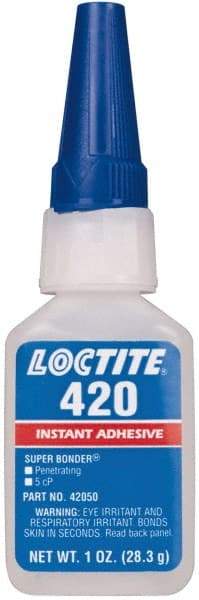 Loctite - 1 oz Bottle Clear Instant Adhesive - Series 420, 20 sec Fixture Time, 24 hr Full Cure Time, Bonds to Metal, Plastic & Rubber - Exact Tool & Supply