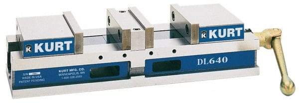 Kurt - 8" Jaw Width, 6" Jaw Opening Capacity, Horizontal Stationary Machine Vise - Manual Operation, 8,997 Lb Capacity, 1 Station, 34-1/4" Long x 5.95" High x 2-13/64" Deep, 2.2" Jaw Height, 80,000 psi Max Clamp Force, Ductile Iron - Exact Tool & Supply