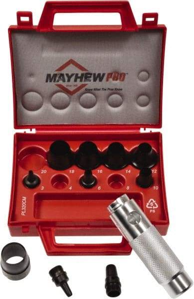 Mayhew - 11 Piece, 3 to 20mm, Hollow Punch Set - Round Shank, Alloy Steel, Comes in Plastic Case - Exact Tool & Supply