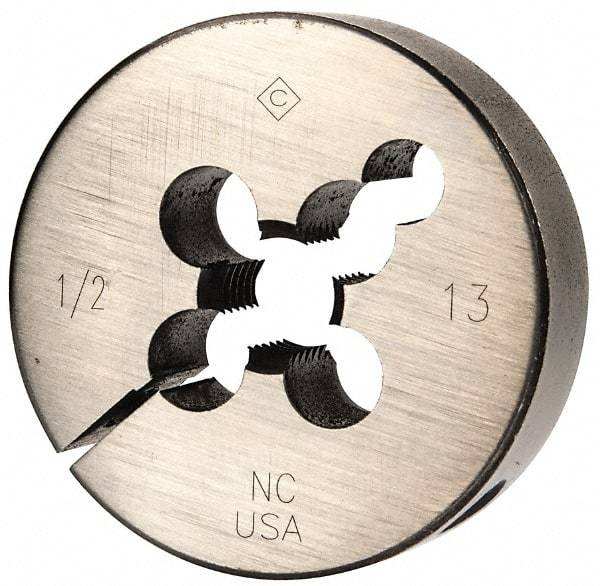 Cle-Line - 1/2-13 UNC Thread, 2" Outside Diam Carbon Steel Round Die - 5/8" Thick, Right Hand Thread, Adjustable - Exact Tool & Supply