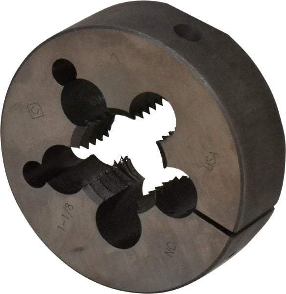 Cle-Line - 1-1/8 - 7 UNC Thread, 3" Outside Diam Carbon Steel Round Die - 1" Thick, Right Hand Thread, Adjustable - Exact Tool & Supply