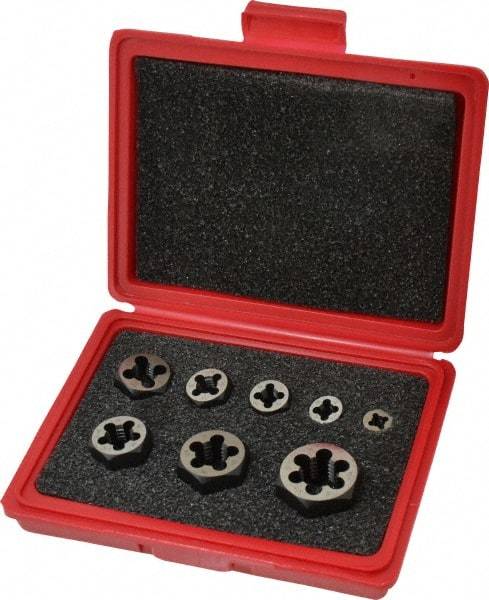 Cle-Line - 1/4-20 to 3/4-10 UNC, Hex, Round Die Set - Carbon Steel, 8 Piece Set, Comes with Plastic Case - Exact Tool & Supply