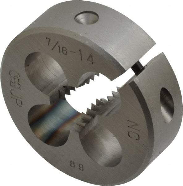 OSG - 7/16-14 UNC Thread, 1-1/2" Outside Diam High Speed Steel Round Die - 1/2" Thick, Right Hand Thread - Exact Tool & Supply