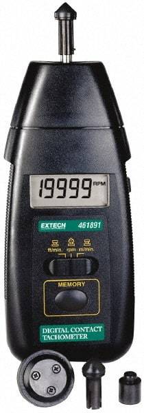 Extech - Accurate up to 0.05%, 0.1 RPM Resolution, Contact Tachometer - 6.6929 Inch Long x 2.8 Inch Wide x 1-1/2 Inch Meter Thick, 0.5 to 20,000 RPM Measurement - Exact Tool & Supply