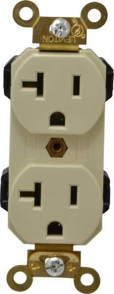 Leviton - 125 VAC, 20 Amp, 5-20R NEMA Configuration, Ivory, Industrial Grade, Self Grounding Duplex Receptacle - 1 Phase, 2 Poles, 3 Wire, Flush Mount, Impact and Tamper Resistant - Exact Tool & Supply