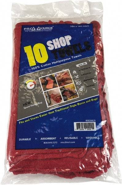 PRO-SOURCE - 14 Inch Long x 15 Inch Wide Virgin Cotton Shop Towel - Red, Ling Free, 10 Sheets per Pack, Bag - Exact Tool & Supply