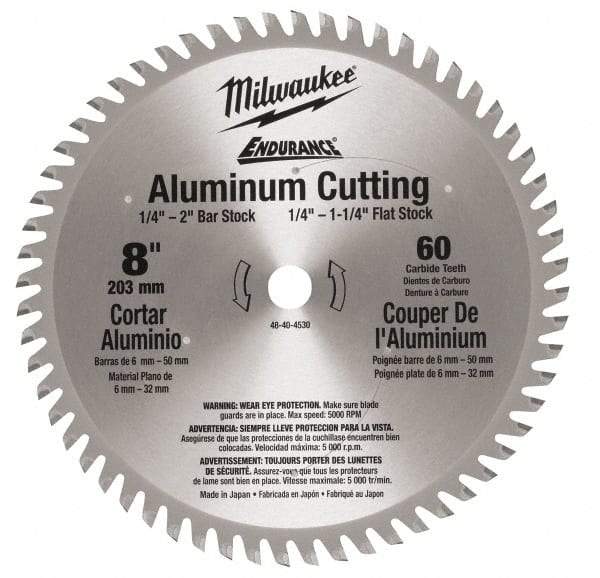 Milwaukee Tool - 8" Diam, 5/8" Arbor Hole Diam, 60 Tooth Wet & Dry Cut Saw Blade - Carbide-Tipped, Burr-Free & Smooth Action, Standard Round Arbor - Exact Tool & Supply