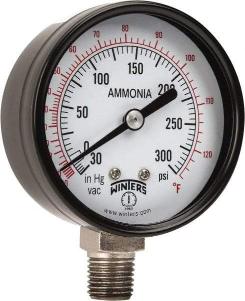 Winters - 2-1/2" Dial, 1/4 Thread, 30-0-300 Scale Range, Pressure Gauge - Lower Connection Mount, Accurate to 3-2-3% of Scale - Exact Tool & Supply