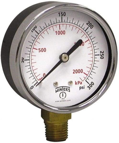 Winters - 2-1/2" Dial, 1/4 Thread, 0-300 Scale Range, Pressure Gauge - Lower Connection Mount, Accurate to 3-2-3% of Scale - Exact Tool & Supply