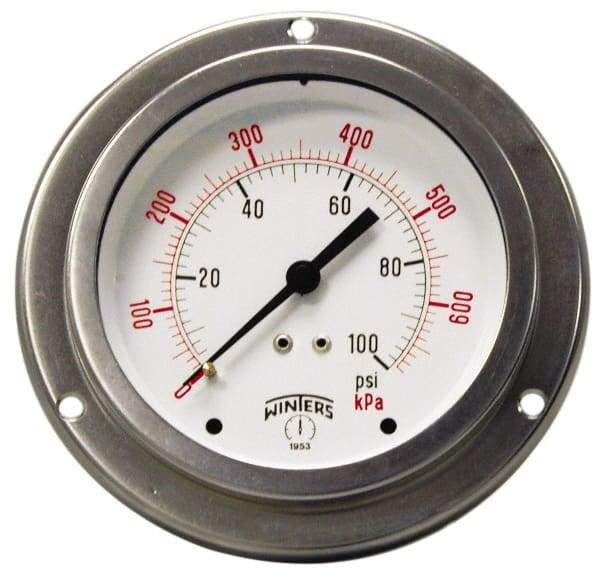 Winters - 2-1/2" Dial, 1/4 Thread, 0-600 Scale Range, Pressure Gauge - Front Flange Panel Mount, Center Back Connection Mount, Accurate to 1.5% of Scale - Exact Tool & Supply