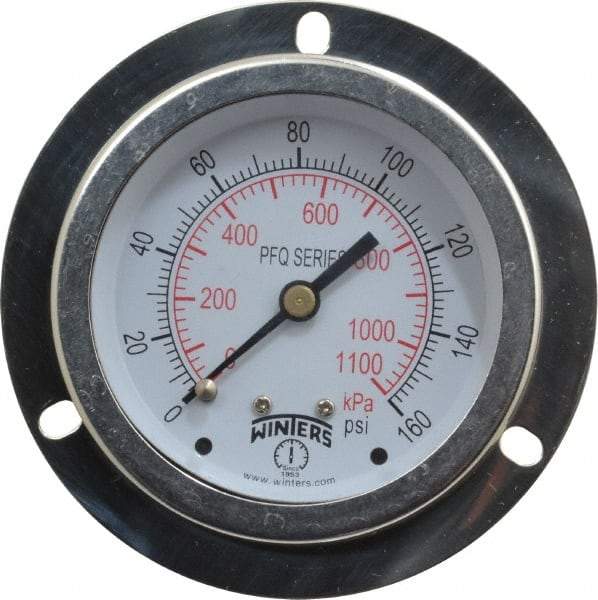 Winters - 2-1/2" Dial, 1/4 Thread, 0-160 Scale Range, Pressure Gauge - Front Flange Panel Mount, Center Back Connection Mount, Accurate to 1.5% of Scale - Exact Tool & Supply