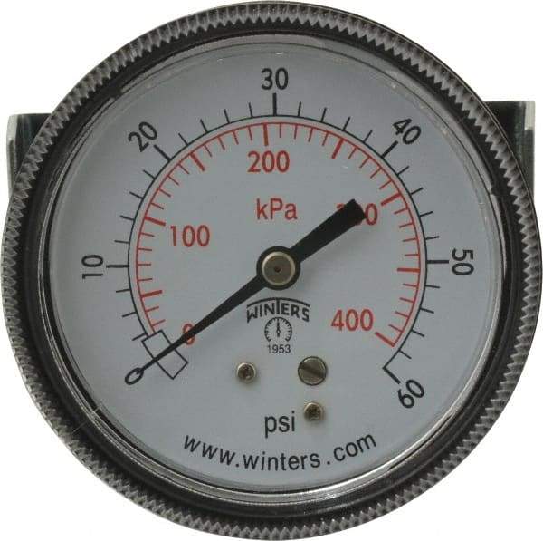 Winters - 2-1/2" Dial, 1/4 Thread, 0-60 Scale Range, Pressure Gauge - U-Clamp Panel Mount, Center Back Connection Mount, Accurate to 2.5% of Scale - Exact Tool & Supply