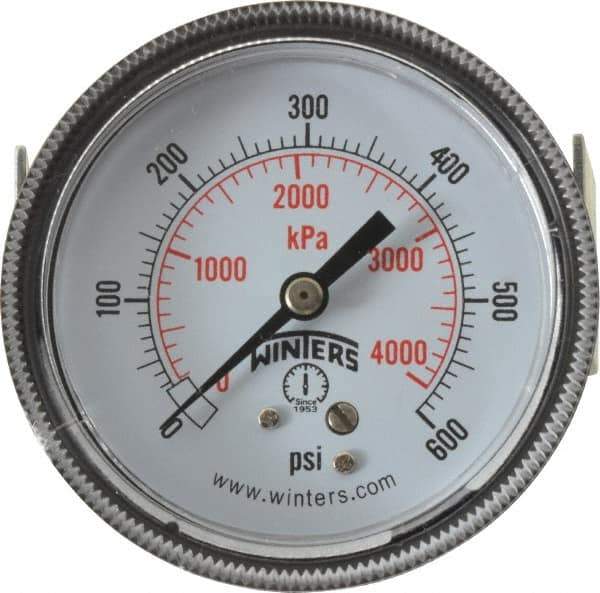 Winters - 2-1/2" Dial, 1/4 Thread, 0-600 Scale Range, Pressure Gauge - U-Clamp Panel Mount, Center Back Connection Mount, Accurate to 2.5% of Scale - Exact Tool & Supply