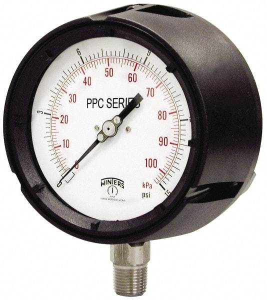 Winters - 4-1/2" Dial, 1/2 Thread, 30-0 Scale Range, Pressure Gauge - Lower Connection Mount, Accurate to 0.5% of Scale - Exact Tool & Supply