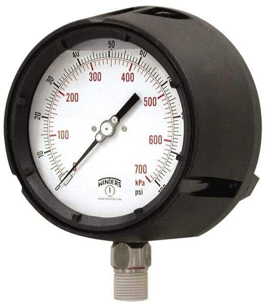 Winters - 4-1/2" Dial, 1/2 Thread, 0-600 Scale Range, Pressure Gauge - Lower Connection Mount, Accurate to 0.5% of Scale - Exact Tool & Supply