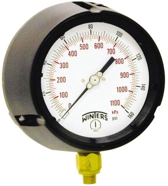 Winters - 4-1/2" Dial, 1/4 Thread, 0-400 Scale Range, Pressure Gauge - Lower Connection Mount, Accurate to 0.5% of Scale - Exact Tool & Supply